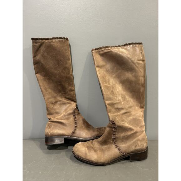 Anthropologie Miss Albright Leather Ruffled Boot Brown Woman Size 10B - Picture 1 of 6